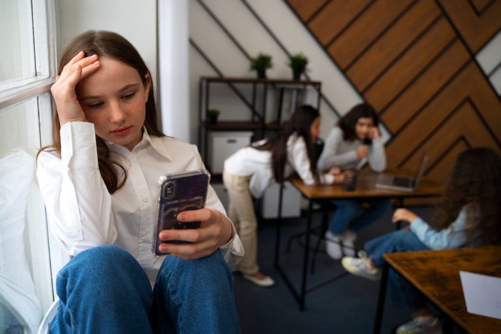 Child with Social Anxiety Disorder sitting alone, looking stressed while classmates interact in the background.